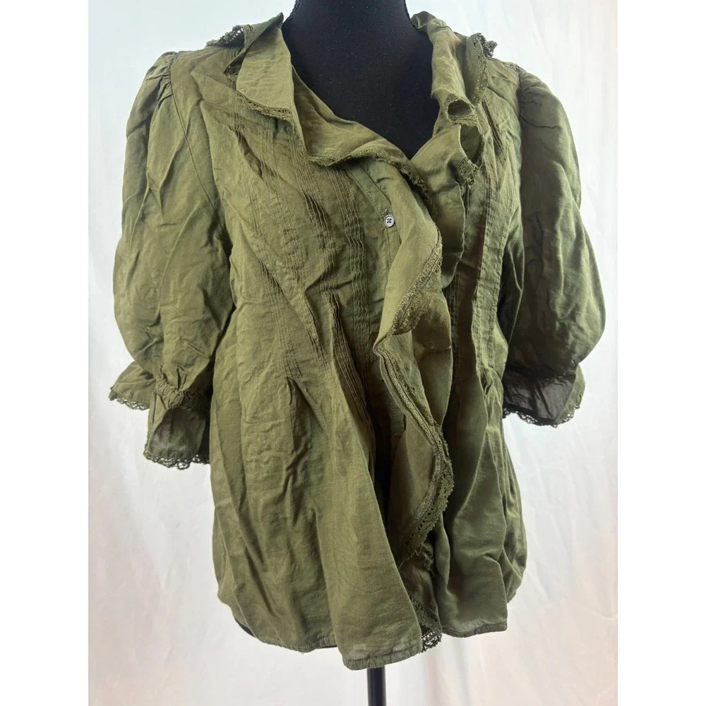Olive Green Victorian Ruffle Lace Trim Puff Sleeve Pintuck Blouse Top Size XL - Picture 8 of 8